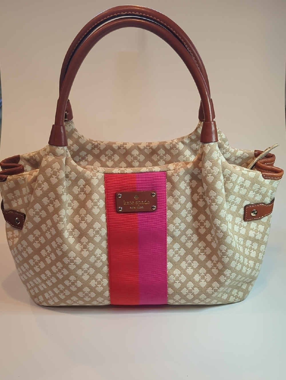kate spade Stevie Beige Canvas Shoulder Bag with Pink & Coral Center Stripe